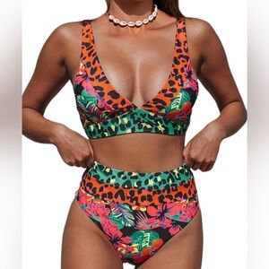 Women’s Leopard Print Bikini | V-Neck High Waisted 2-Piece Swimsuit | Large NWT